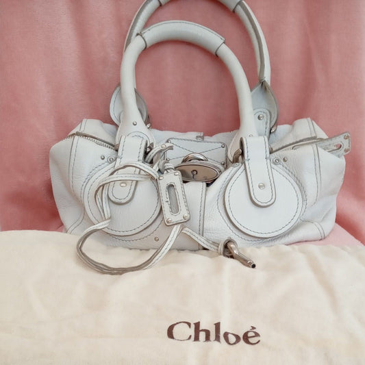 Authentic Chloe Paddington Handbag Shoulder Bag Medium White Leather Silver Y2K