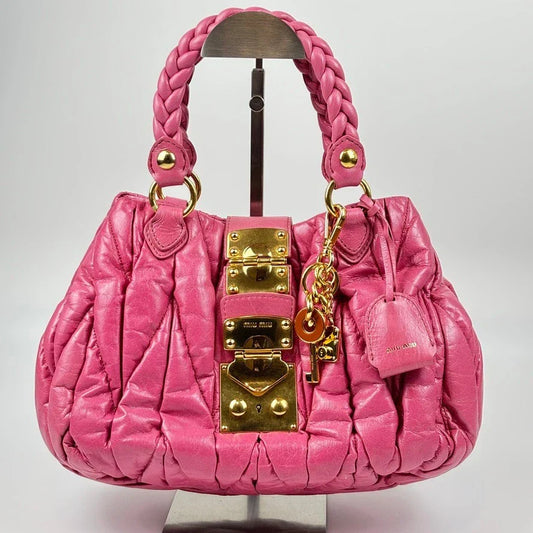 Auth Miu Miu Matelasse Hand Bag Leather 2way Pink Gold t99